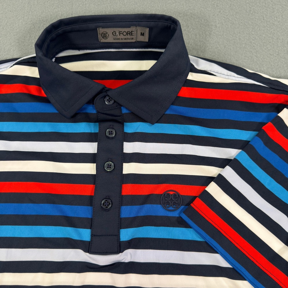 G/FORE Mens Polo Shirt Medium Blue Red White Striped Performance Golf